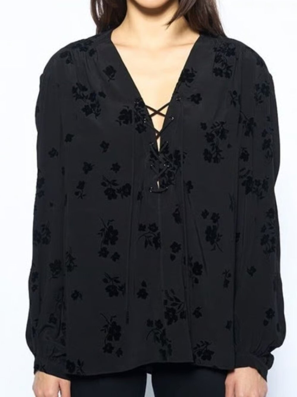 NWT Zadig & Voltaire Tamela Soft Flock Flowers Black Blouse Velvet Floral, SZ M